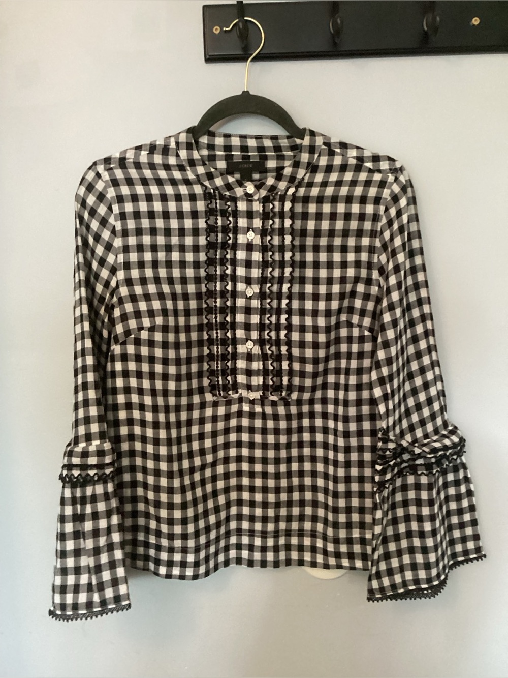 J. Crew Black & White Gingham Ruffle Bib Blouse - Women